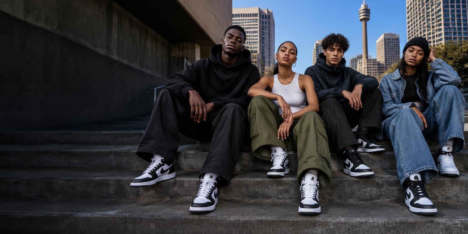 Four young streetwear models wearing sneakers on downtown city steps
